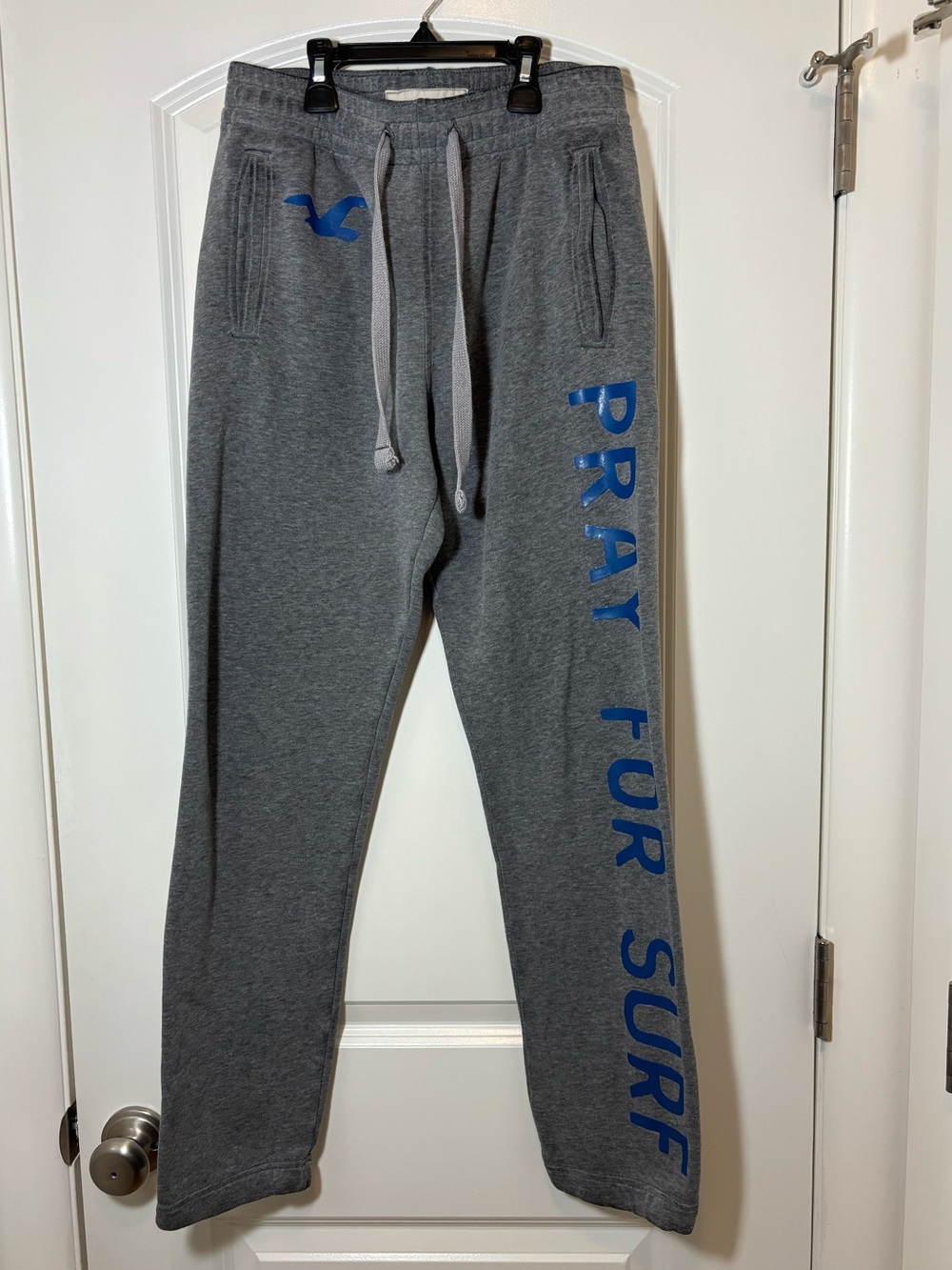 Hollister Gray Sweatpants with Blue 'PRAY FOR SURF' Lettering